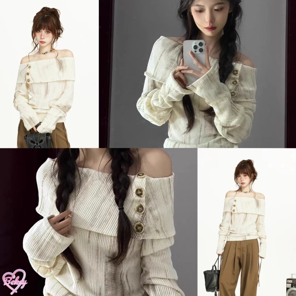 (จัดส่งจากกรุงเทพ🇹🇭) ฤดูใบไม้ร่วงรูปแบบใหม่ แขนยาวถัก ไหล่ข้างหนึ่งเซ็กซี่ เสื้อสเวตเตอร์ทรงเข้ารูป（Z123）