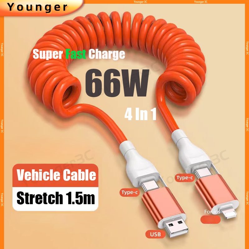 100w 4 In 1 สายเคเบิลสปริง แบบยืดหดได้ 1.5 ม. USB Type C PD 60W QC ชาร์จเร็ว สําหรับ ios Type C