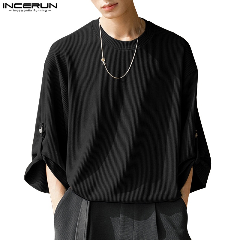 Incerun เสื้อยืดลําลอง คอกลม สีพื้น แฟชั่นเกาหลี สําหรับผู้ชาย