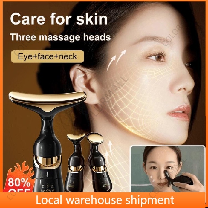 (สินค้าขายดี) 3-in-1 เครื่องนวดกระชับใบหน้า คอ และดวงตา แบบไฟฟ้า 3 หัว ลดคางสองชั้น
