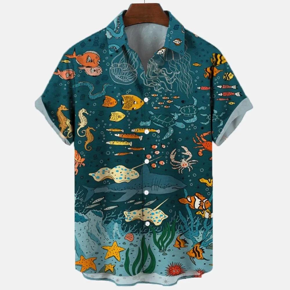 เสื้อเชิ้ตแขนสั้นลําลอง พิมพ์ลายสัตว์ทะเล ม้าน้ํา สไตล์ภาพวาด สําหรับผู้ชาย