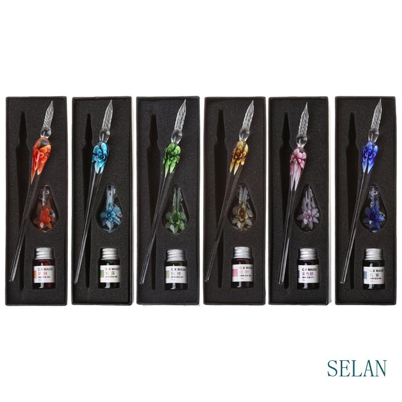 Vintage Handmade Art Elegant Crystal Floral Glass Dip Pen Sign Ink Pens