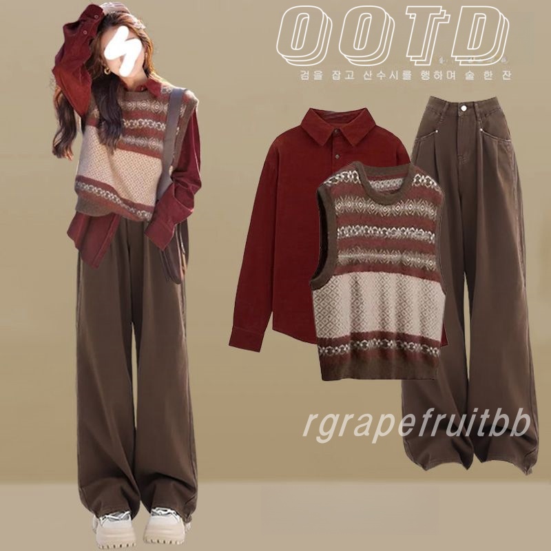 ชุดเซท3ชิ้น เสื้อกั๊กถัก+เสื้อแขนยาว+กางเกงลำลอง สีหวาน น่ารักมากก แฟชั่นสไตล์เกาหลี ผ้านิ่มมาก