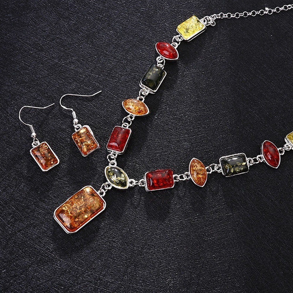 [ONE] ชุดเครื่องประดับ สร้อยคอ ต่างหู ทรงสี่เหลี่ยม สีเหลืองอําพัน สไตล์แอฟริกัน สําหรับผู้หญิง