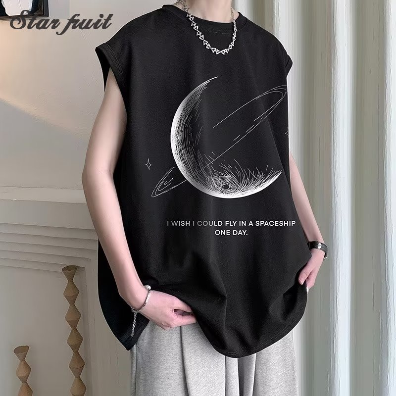 เสื้อยืดแขนกุดพิมพ์ลายสายฟ้าสไตล์อเมริกันสําหรับผู้ชายฤดูร้อนลําลองอินเทรนด์สตรีทแวร์