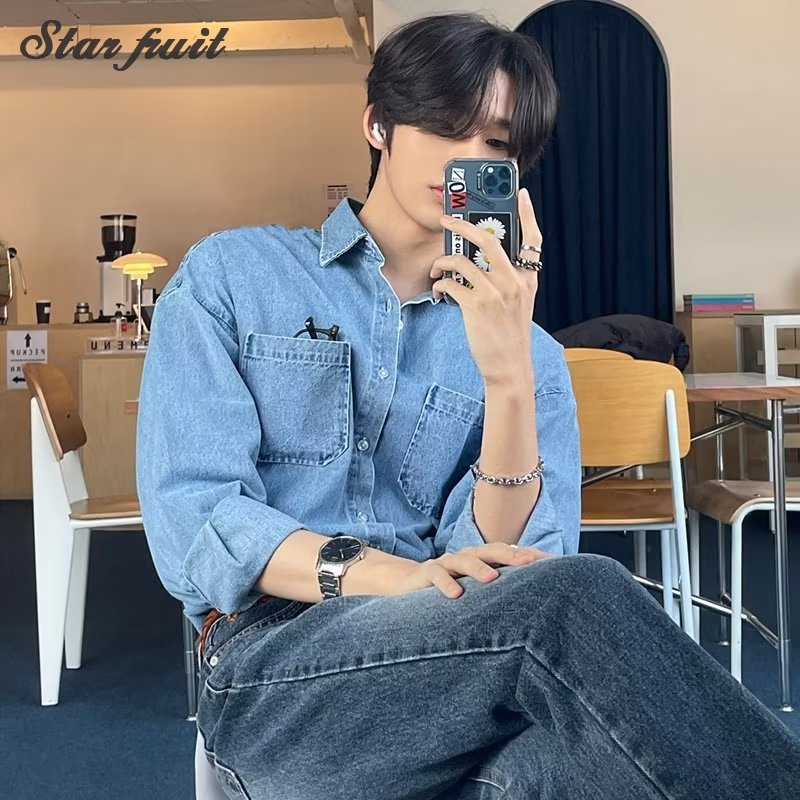 เสื้อเชิ้ตยีน แขนยาว ทรงหลวม อเนกประสงค์ แฟชั่นฤดูใบไม้ผลิ สไตล์เกาหลี สําหรับผู้ชาย 2024
