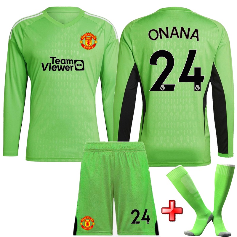 เครื่องแบบผู้รักษาประตู หมายเลข เสื้อกีฬาแขนยาว ลายทีมชาติฟุตบอล Onana 24 Onana สีเขียว สําหรับเด็ก 