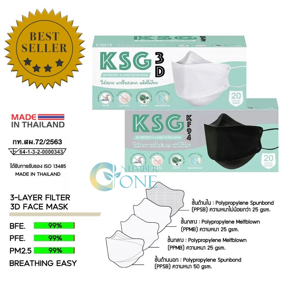 KSG Mask​ รุ่น KF94 หน้ากากอนามัยทรงเกาหลี ผลิตในไทย มีอย.ปลอดภัย หนา 4ชั้น-สีดำ,สีขาว