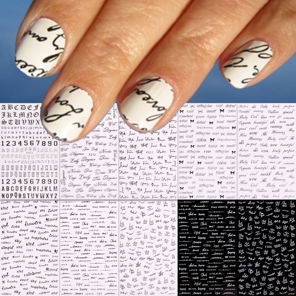 HAMA NAIL Nail Art สติกเกอร์สีดําและสีขาว Art ภาษาอังกฤษ String ข้อความตัวอักษรตกแต่งเล็บสติกเกอร์ D