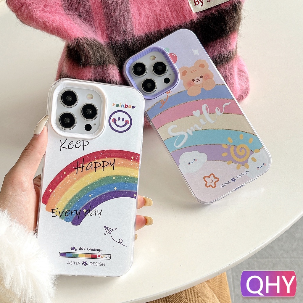 Qhy - เคสโทรศัพท์มือถือ ขอบหนา ลายการ์ตูนหมีน่ารัก สีรุ้ง สําหรับ iphone 15 14 6s 7 8 plus XR SE3 11 12 13 pro max 2 in 1