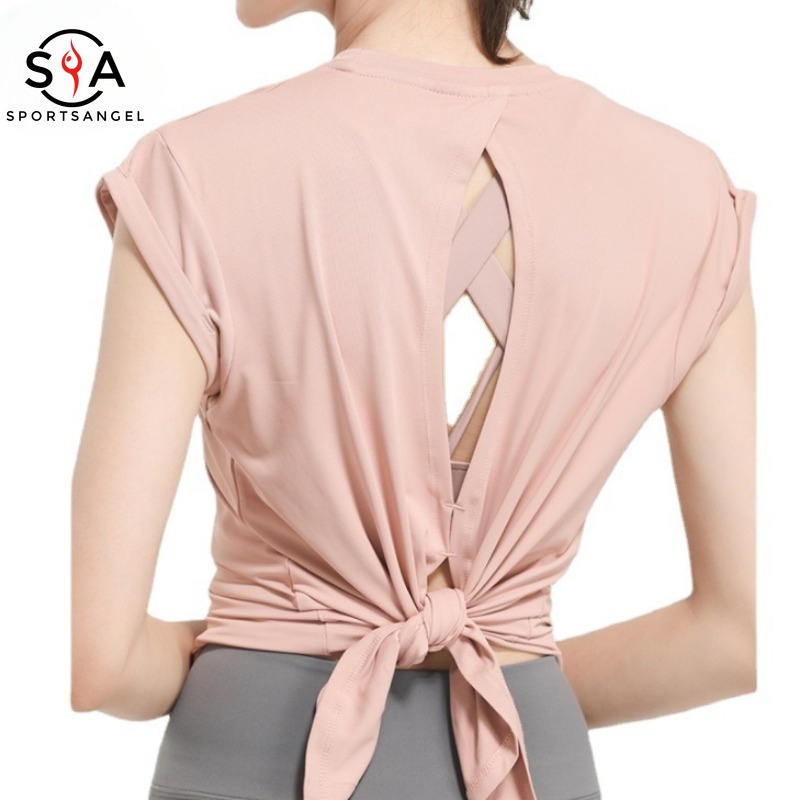【Sportsangel】เสื้อกีฬาแขนสั้น แบบผูกเชือก แห้งเร็ว สําหรับเล่นโยคะ พิลาทิส