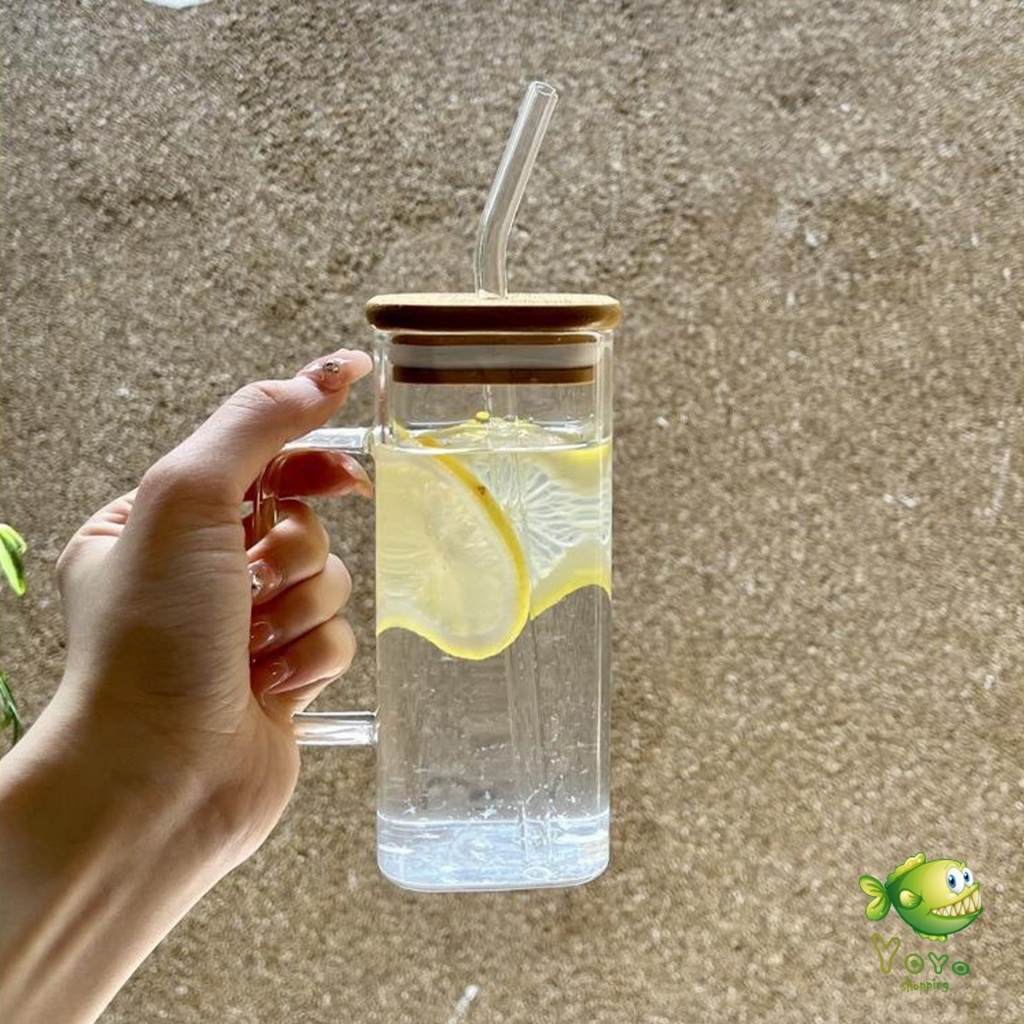 YOYO แก้วทรงสี่เหลี่ยม พร้อมฝาปิด และ หลอดดูด  ถ้วยน้ำผลไม้  400ml Glass coffee cup