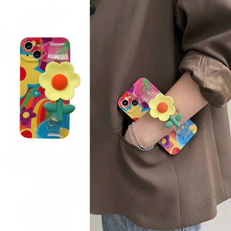 เคสโทรศัพท์กันกระแทกลายดอกไม้โปร่งใสโปร่งใสพร้อมเชือกเส้นเล็กบล็อกตัวต่อเหมาะสําหรับ iPhone 14 Pro Max/iPhone 13/iPhone 11