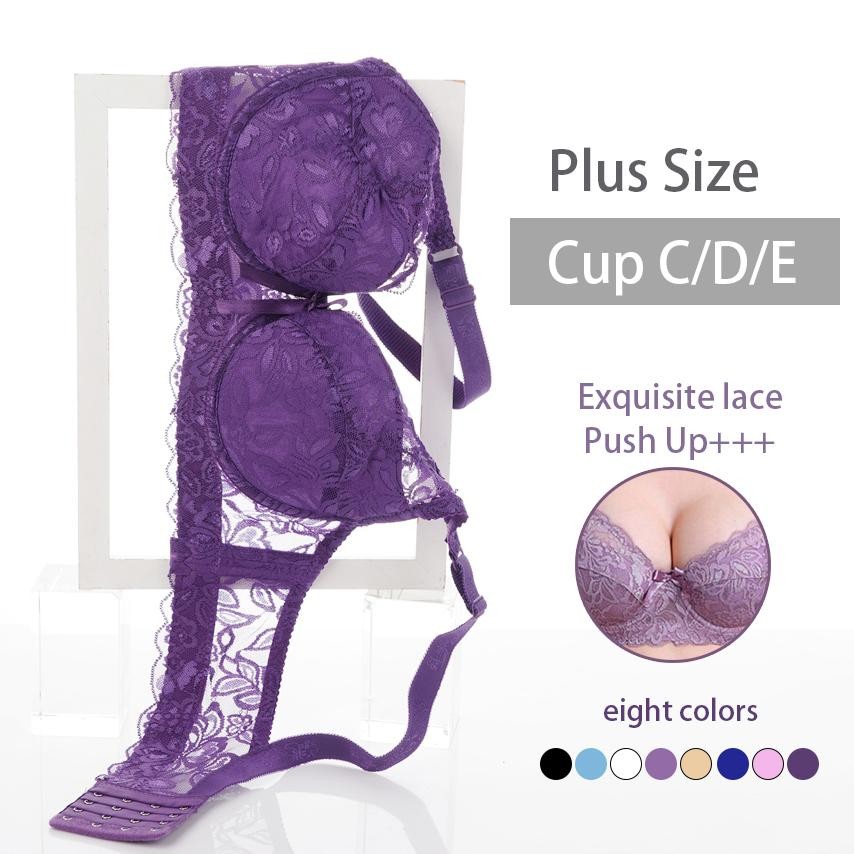 Plus ขนาด Push Up Bra สําหรับผู้หญิงประณีตเซ็กซี่ลูกไม้ถ้วยขนาดใหญ่ C/D/E แหวนเหล็ก Bra นุ่มผู้หญิงชุดชั้นในกางเกง