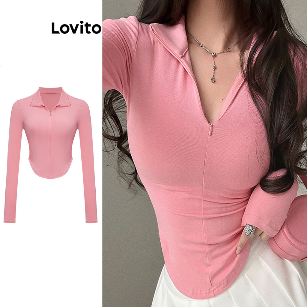 Lovito โครงสร้างซิปธรรมดาน่ารักน่ารักเสื้อยืดสำหรับผู้หญิง LAD106002