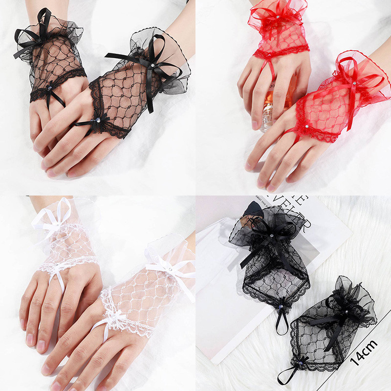 โลลิต้าโบว์ถุงมือลูกไม้หญิงสีขาวไหล ที พวกคุณ ตะขอแขนนิ้วสาวโกธิคอุปกรณ์มือเหมาะสําหรับพรรคแต่งงาน