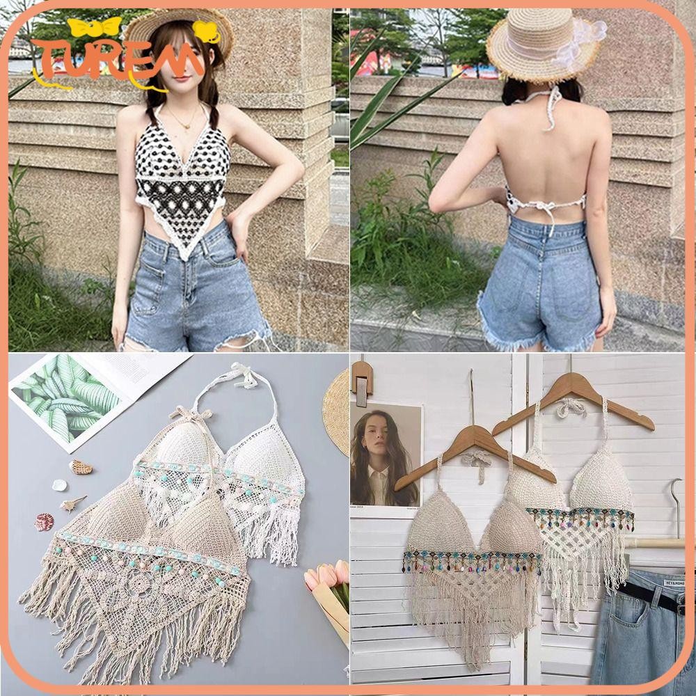 Turem Knit Bralette, Hollowed Out Bohemian Bikini Camisole, แฟชั่นพร้อมแผ่นรองหน้าอก Sweet Short Ves