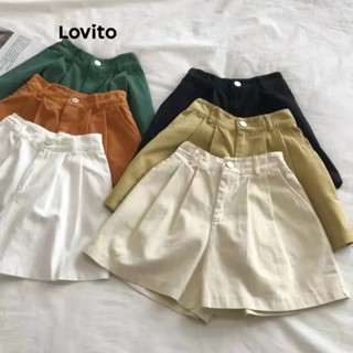 Lovito กางเกงขาสั้น ลําลอง ติดกระดุมด้านหน้า สําหรับผู้หญิง LNE21300 (สีกากีอ่อน/ดํา)