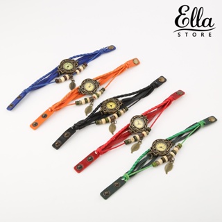 Ellastore123 นาฬิกาข้อมือควอตซ์ สายหนังเทียม รูปใบไม้ สไตล์เรโทร สําหรับผู้หญิง