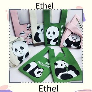 Ethel1 กระเป๋าสะพายไหล่ ผ้าถัก แฮนด์เมด ลายแพนด้า สไตล์เรโทร