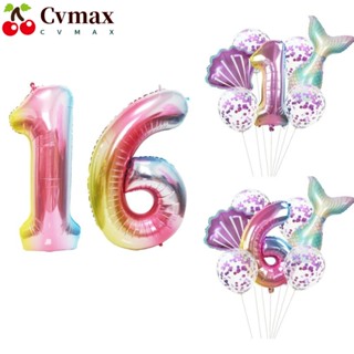 Cvmax ลูกโป่งอลูมิเนียมดิจิทัล รูปหางนางเงือก ตัวเลข 16 สไตล์นางเงือก สําหรับตกแต่งบ้าน ปาร์ตี้วันเกิด 16 ชิ้น