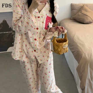 Fds ชุดนอน เสื้อแขนยาว กางเกงขายาว ลายสก๊อต ลูกไม้ สองชิ้น สไตล์ญี่ปุ่น เหมาะกับฤดูใบไม้ผลิ และฤดูใบไม้ร่วง สําหรับผู้หญิง