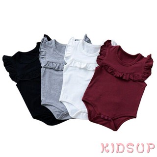 Kidsup1 ชุดจั๊มสูทรอมเปอร์ แขนกุด คอกลม แต่งระบาย สีพื้น สําหรับเด็กทารกผู้หญิง 0-18 เดือน