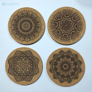 Nordic Mandala Design ที่รองแก้วไม้ชุดทรงกลม NonSlip Cork Backing อุปกรณ์ครัวพร้อม Rack Nordic Mandala รอบ Cork Coaster อุปกรณ์ครัว Creative TH