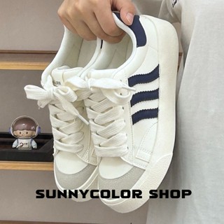 SUNNYCOLOR รองเท้าผ้าใบผู้หญิง สีขาว พื้นหนา รองเท้าผ้าใบส้นสูงส้นหนา รองเท้าแฟชั่น ผูกเชือก 2023 NEW FBX2390MW7 36Z230909