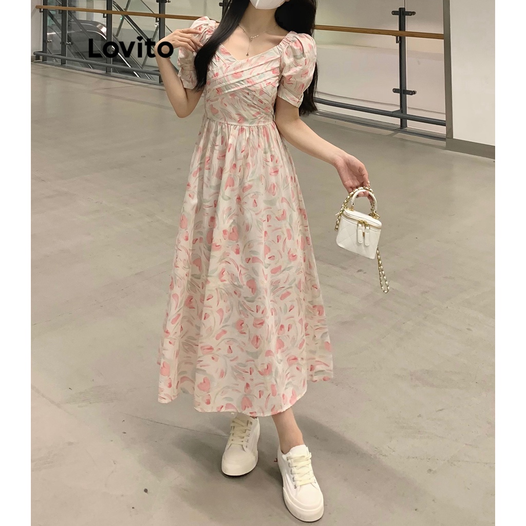 Lovito ชุดเดรสแขนพอง มีจีบ ลายดอกไม้ สไตล์ลำลอง สำหรับผู้หญิง LNA16048 (สีชมพู)
