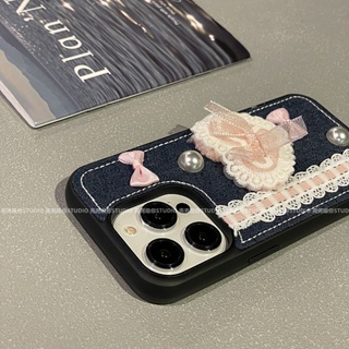 ใหม่ เคสป้องกันโทรศัพท์มือถือ ผ้ายีน ประดับโบว์ ไข่มุก กันกระแทก สําหรับ Apple Iphone 14promax 13 11 14pro 13pro 14