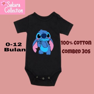 ชุดจั๊มสูทเสื้อยืด แขนกุด ลายโลโก้ Stitch Disney ขนาดเล็ก สําหรับเด็ก 0 1 2 3 4 5 6 7 8 9 10 11 12 เดือน ถึง 1 ปี