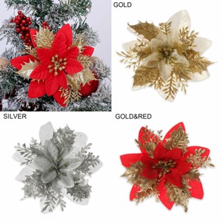 ⚡XMAS⚡Festive Xmas Tree Flowers Sparkling Ornament Poinsettia Decor (14CM Pack of 5)