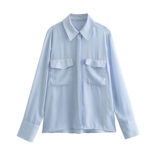 ขายส่ง เสื้อแขนยาว ประดับหมุด แนวตั้ง สีฟ้า 7883