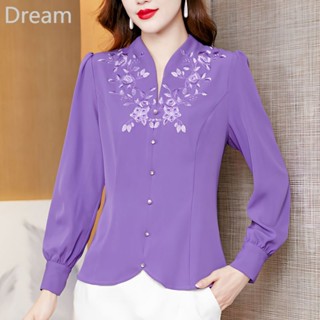 Design embroidered womens shirt long-sleeved spring new western style small mother chiffon top