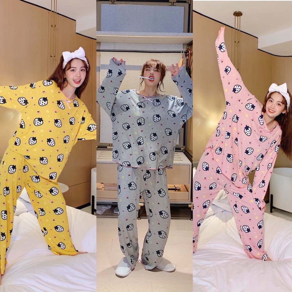 olivia ชุดนอนผ้านิ่ม เบาสบาย ลายสตอเบอรี่สีสดใส #4141