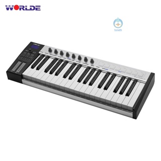 Worlde Blue whale 37 คีย์บอร์ดควบคุม USB MIDI กึ่งน้ําหนัก 37 คีย์ ไฟแบ็คไลท์ RGB 8 RGB หน้าจอ LED พร้อมสายเคเบิล USB Tpth