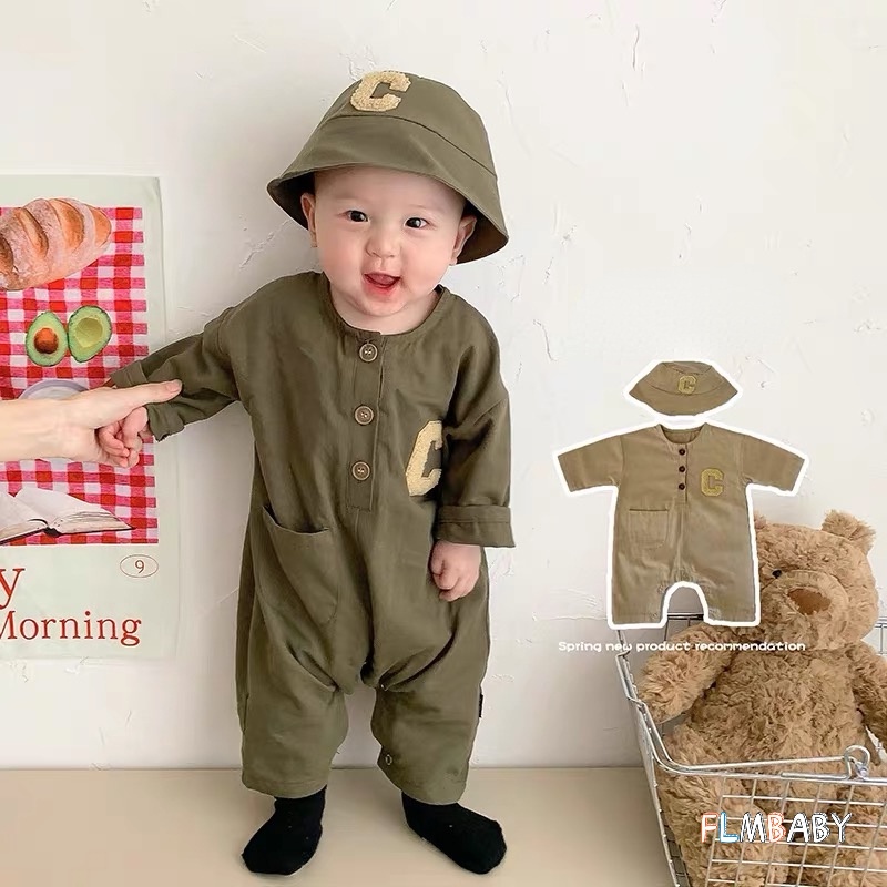 ชุดจั๊มสูทแขนยาว ทรงหลวม พิมพ์ลายตัวอักษร พร้อมหมวก สําหรับเด็กทารก