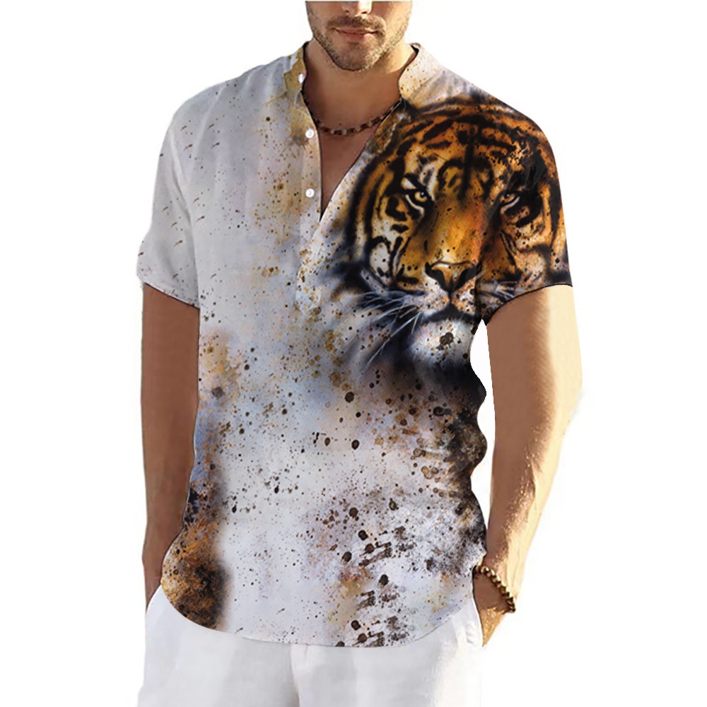 เสื้อยืดลําลอง แขนสั้น ผ้าลินิน พิมพ์ลายเสือ 3 มิติ โอเวอร์ไซซ์ สไตล์สตรีท แฟชั่นฤดูร้อน สําหรับผู้ชาย