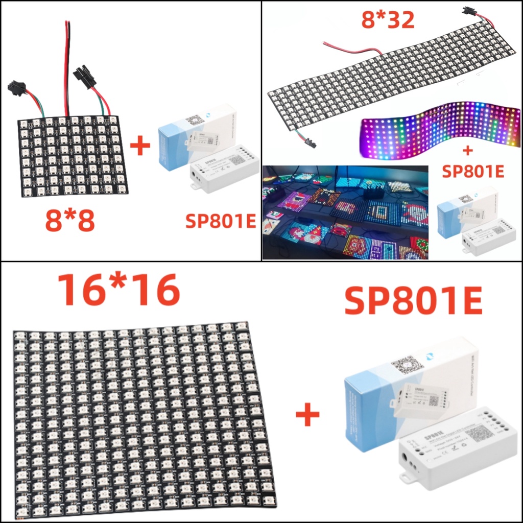 Dc5v WS2812B แผงไฟดิจิทัล RGB Led พิกเซล 8x8 16x16 8x32 หน้าจอยืดหยุ่น SP801E