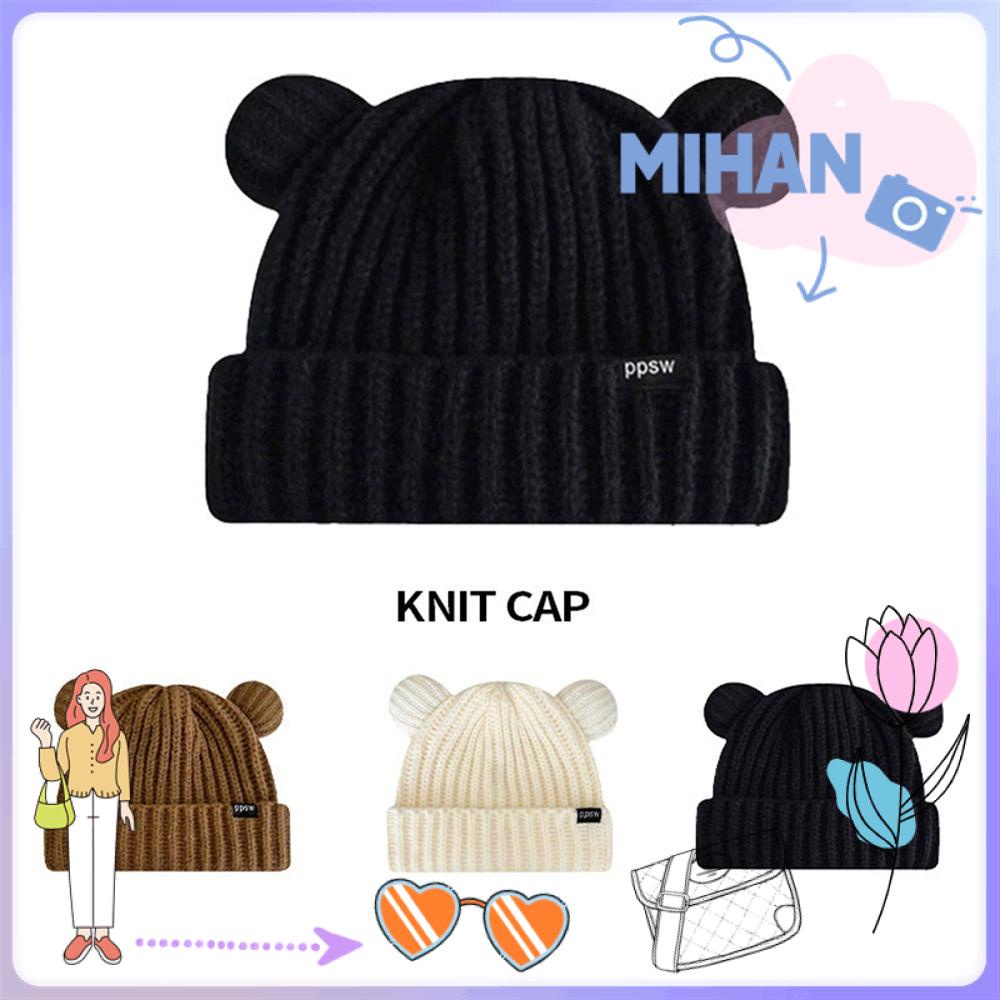 Mh หมวกถักแฟชั่น แต่งหูหมีน่ารัก