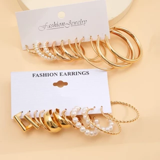 Vintage Pearl Square Hoop ต่างหู 6 คู่ชุดสําหรับผู้หญิงแฟชั่นเครื่องประดับของขวัญ