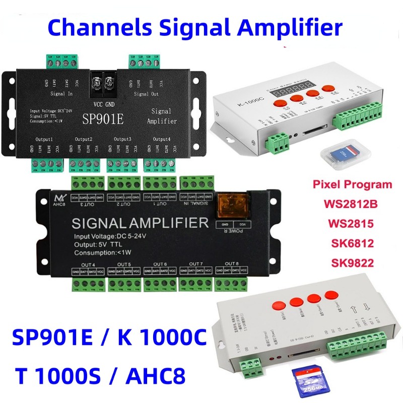 โมดูลขยายสัญญาณ DC5V-24V Led พิกเซล RGB T1000S K1000C การ์ด 2048 พิกเซล SP901E 8 ช่อง สําหรับ WS2801