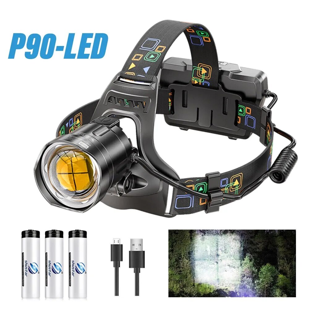 Super Bright LED Headlamp with XHP90 Lamp Beads Waterproof Headlight Power Display Suitable Explorat
