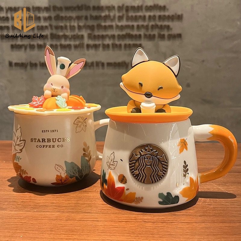 Starbucks แก้วกาแฟเซรามิค ลายใบเมเปิ้ลสุนัขจิ้งจอกน่ารัก พร้อมฝาปิด เหมาะกับฤดูใบไม้ร่วง