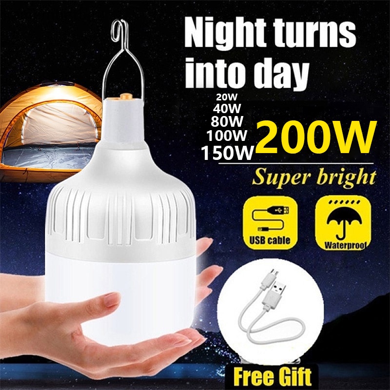 Kamembetbg โคมไฟฉุกเฉิน LED 200W ชาร์จ USB ขนาดพกพา สําหรับบ้าน นอกบ้าน