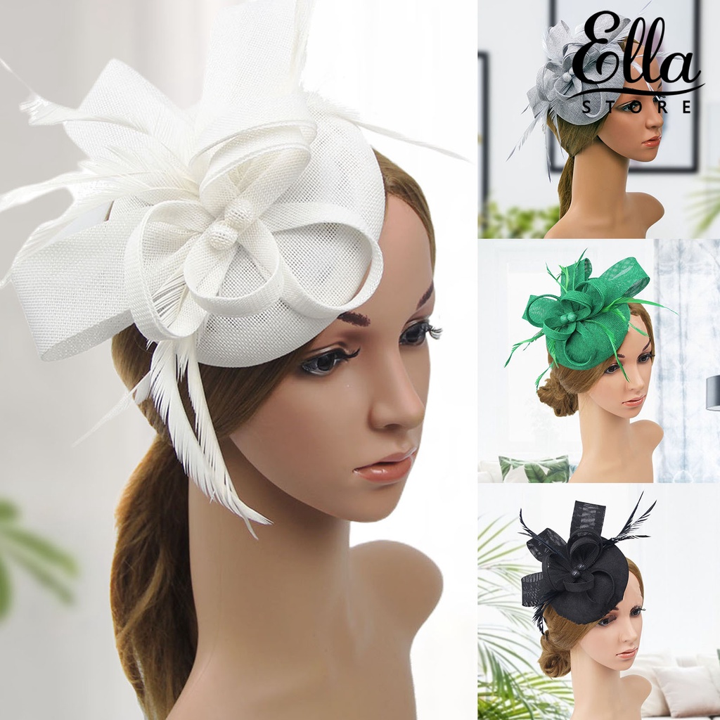 Ellastore123 หมวกเบเร่ต์ ผ้าตาข่าย ประดับโบว์ ขนนกเทียม ขนาดเล็ก