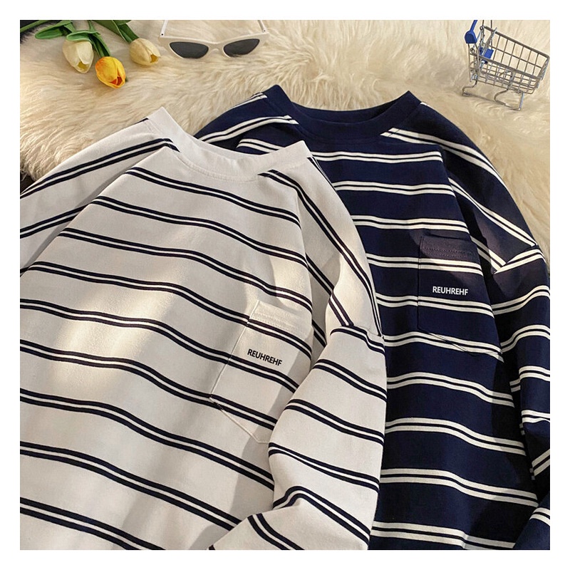 MNO.9 T-Shirt 40362 เสื้อยืดแขนยาว คอกลม ลายแถบเส้นเล็ก ผ้าโพลีเอสเตอร์ผสมคอตตอล ใส่สบาย