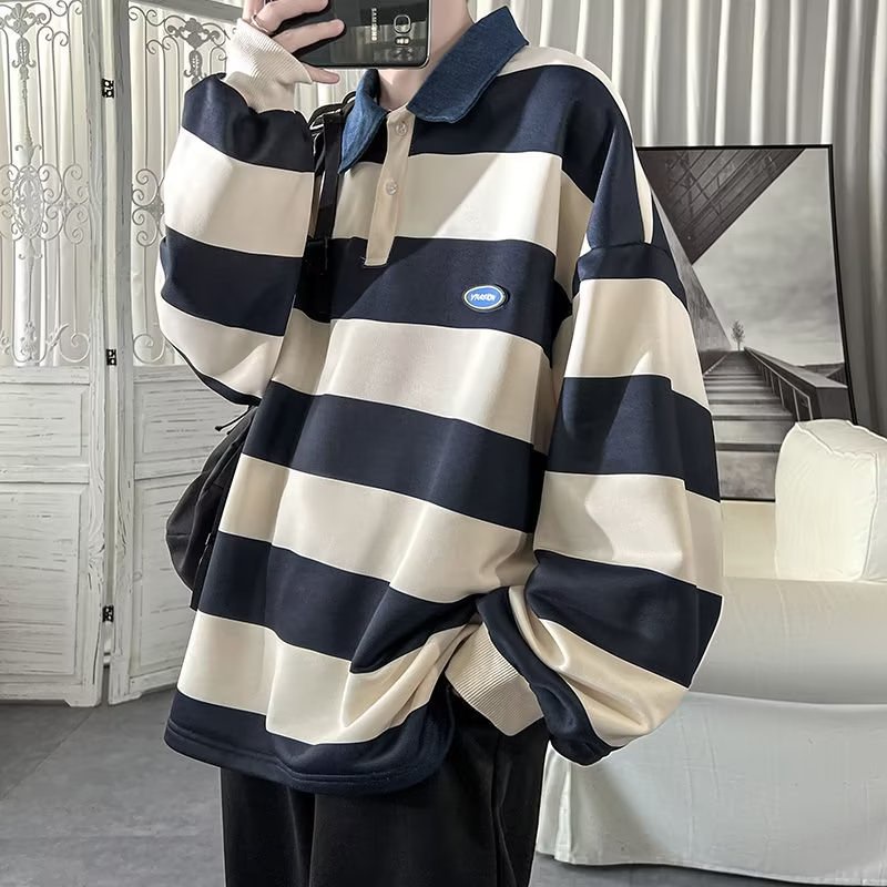 เสื้อโปโลแขนยาว คอปก ทรงหลวม ลายทาง สไตล์เกาหลี เข้าได้กับทุกชุด สําหรับผู้ชาย