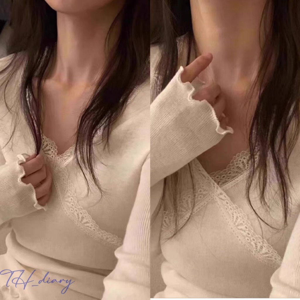 (จัดส่งจากกรุงเทพฯ) ฤดูใบไม้ร่วงรูปแบบใหม่ ตกแต่งลูกไม้ ผอมเพรียว เซ็กซี่ สไตล์สั้น เสื้อยืดแขนยาว